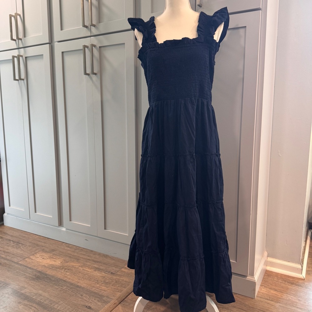 NWT Crown & Ivy Navy Smocked Tiered Midi Dress Ruffle Strap Cotton XL NEW